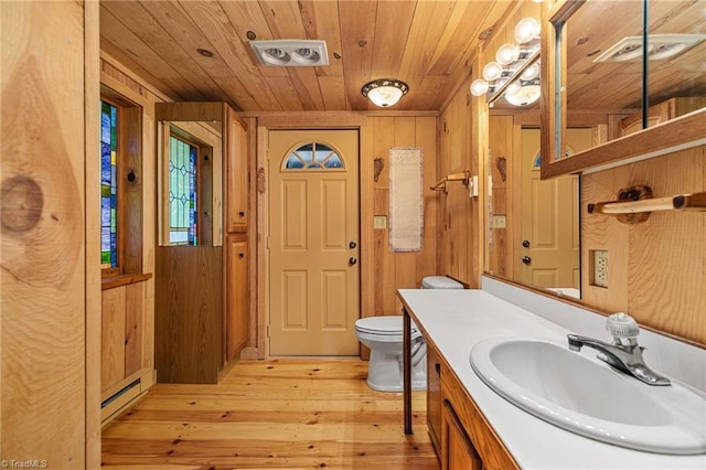 bathroom with hardwood / wood-style floors, vanity, wooden walls, toilet, and wood ceiling