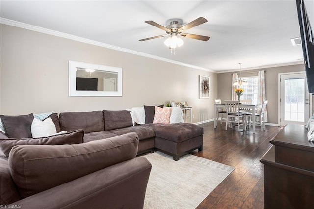 living room featuring ceiling fan, dark hardwood / wood-style flooring, and crown molding