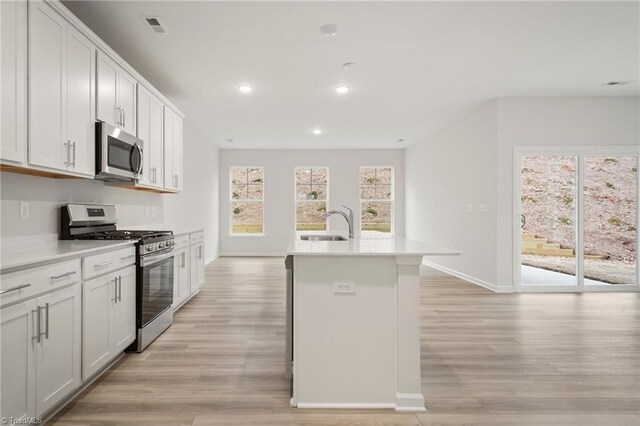 5365 Roshni Ter, Mcleansville, NC 27301 - kitchen featuring visible vents, a sink, light wood-type flooring, appliances with stainless steel finishes, and a center island with sink