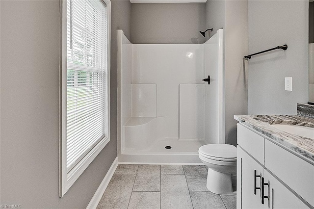 307 Lick Creek Church Rd, Denton, NC 27239 - full bath featuring vanity, toilet, a shower, baseboards, and tile patterned flooring