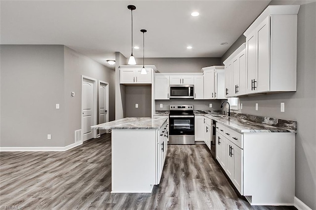 307 Lick Creek Church Rd, Denton, NC 27239 - kitchen with appliances with stainless steel finishes, a sink, wood finished floors, baseboards, and recessed lighting