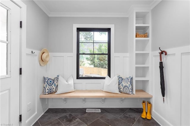 306 W Greenway Dr S, Greensboro, NC 27403 - mudroom featuring a decorative wall, wainscoting, and crown molding
