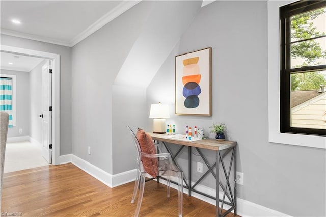 306 W Greenway Dr S, Greensboro, NC 27403 - office area with healthy amount of natural light, baseboards, crown molding, wood finished floors, and recessed lighting