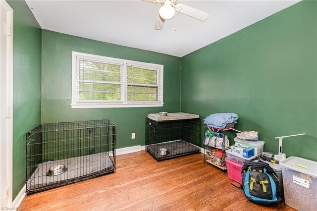 bedroom featuring wood finished floors, ceiling fan, and baseboards