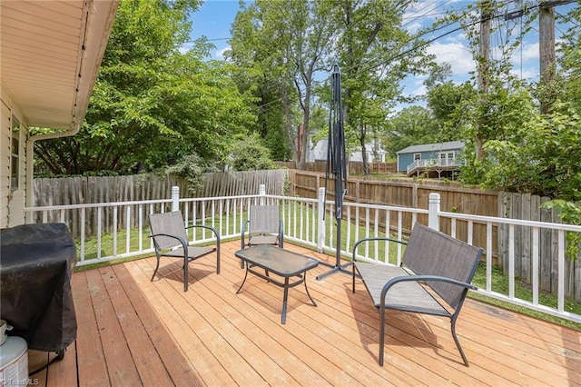 wooden deck featuring a fenced backyard