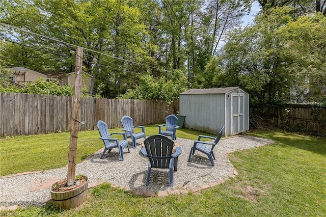view of yard featuring an outdoor structure, a patio, a storage unit, an outdoor fire pit, and a fenced backyard