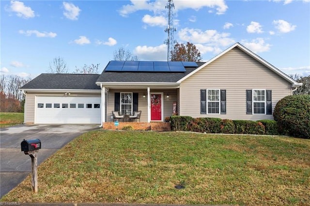 ranch-style home with solar panels, a porch, a garage, and a front lawn