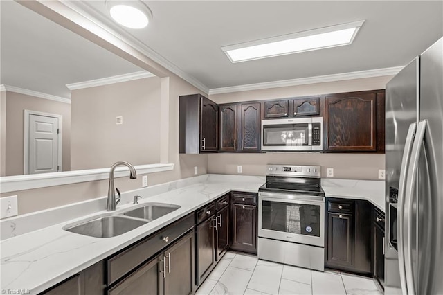 kitchen featuring stainless steel appliances, a sink, dark brown cabinetry, and ornamental molding