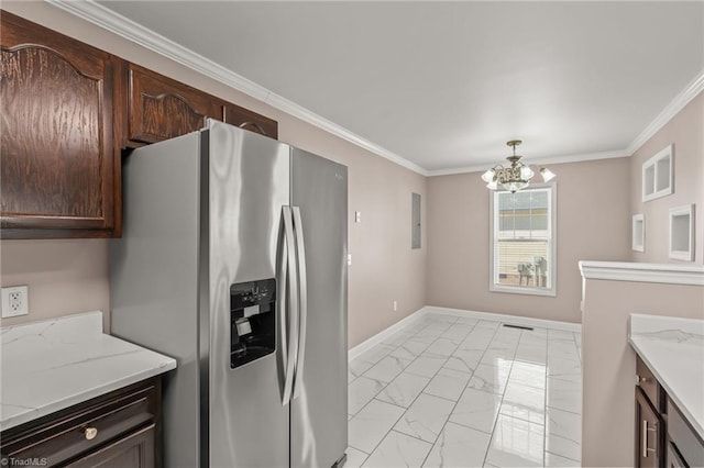 kitchen featuring dark brown cabinetry, baseboards, marble finish floor, stainless steel refrigerator with ice dispenser, and crown molding