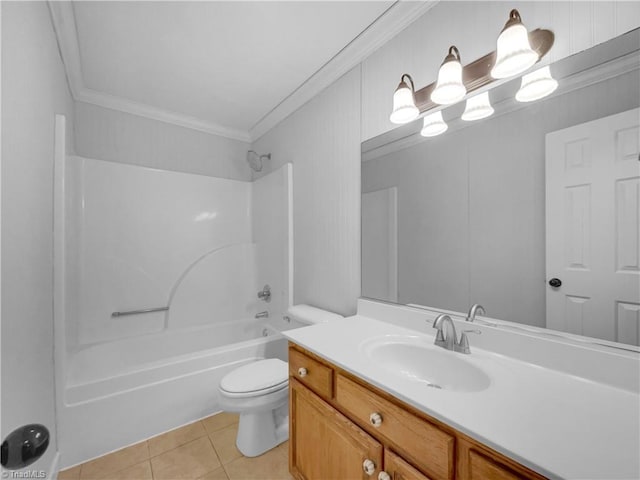 bathroom with tile patterned flooring, tub / shower combination, toilet, ornamental molding, and vanity