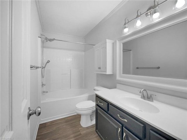 full bathroom with toilet, vanity,  shower combination, and wood finished floors