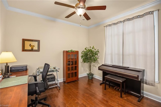 office area featuring ceiling fan, baseboards, wood finished floors, and ornamental molding