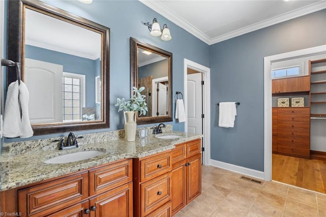 142 Covington Pl, Lewisville, NC 27023 - full bathroom with double vanity, crown molding, and tile patterned floors