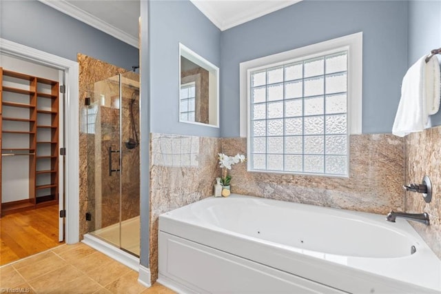 142 Covington Pl, Lewisville, NC 27023 - full bath with a tub with jets, a shower stall, and crown molding