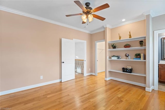 142 Covington Pl, Lewisville, NC 27023 - unfurnished room featuring ceiling fan, light wood-type flooring, crown molding, built in shelves, and recessed lighting