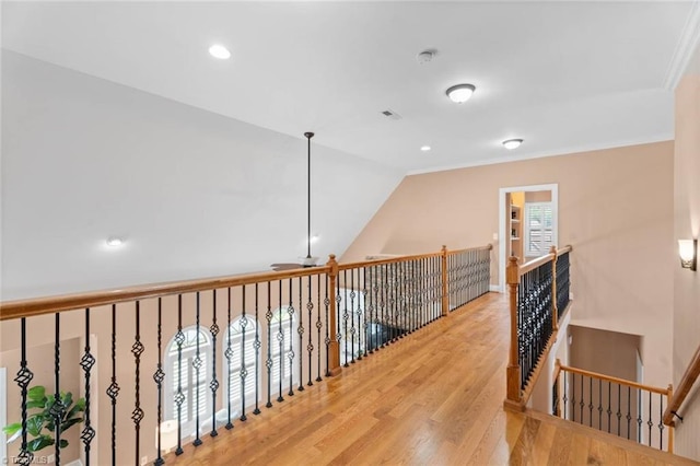 142 Covington Pl, Lewisville, NC 27023 - hall with wood finished floors, lofted ceiling, ornamental molding, and recessed lighting