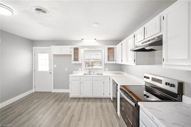 kitchen featuring electric stove, visible vents, a sink, plenty of natural light, and under cabinet range hood