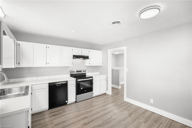 kitchen with a sink, stainless steel electric range oven, white cabinets, and dishwasher