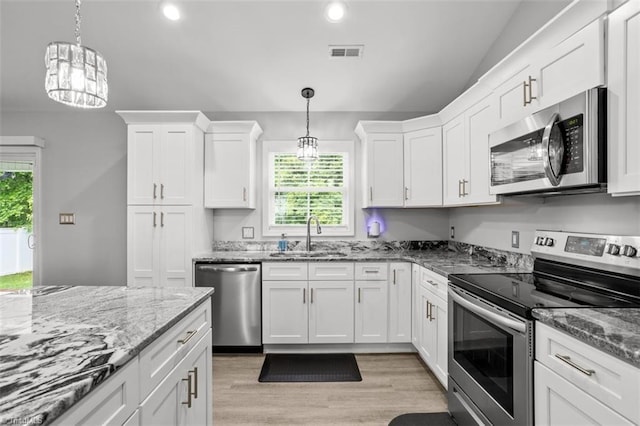 111 Brooke Ridge Dr, Thomasville, NC 27360 - kitchen featuring appliances with stainless steel finishes, a sink, white cabinets, plenty of natural light, and recessed lighting