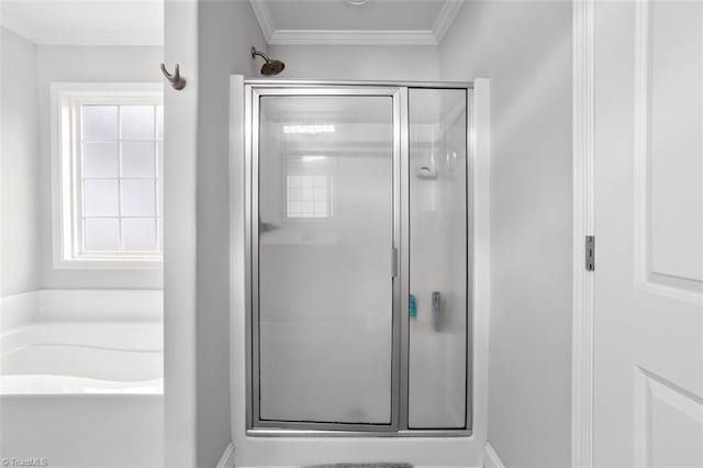 111 Brooke Ridge Dr, Thomasville, NC 27360 - bathroom featuring a stall shower, crown molding, and a bath