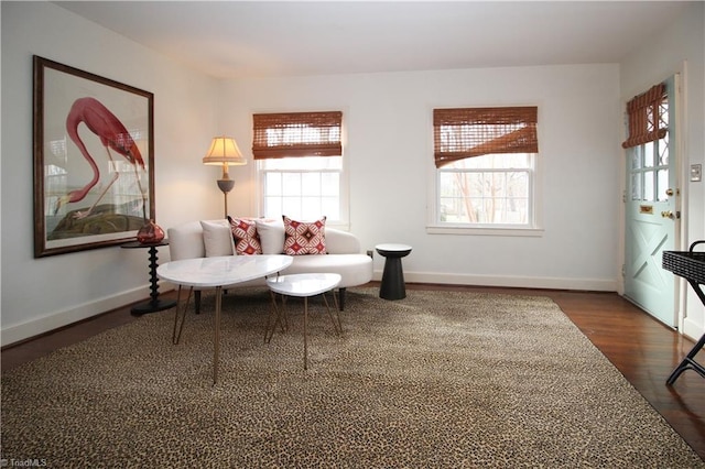 living area featuring dark wood-style floors and baseboards