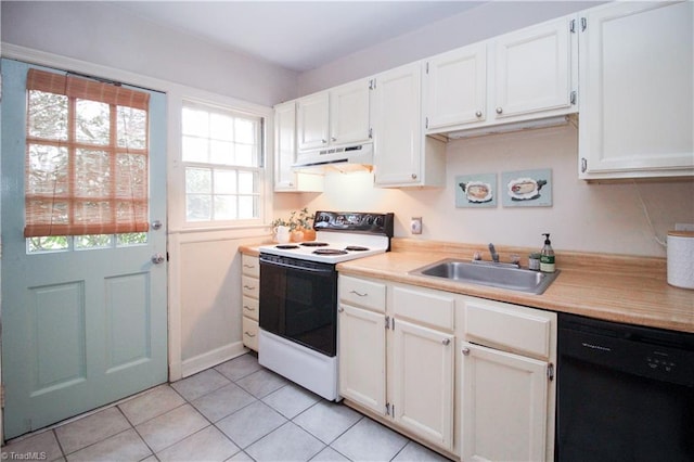 kitchen featuring white electric stove, dishwasher, light countertops, under cabinet range hood, and a sink