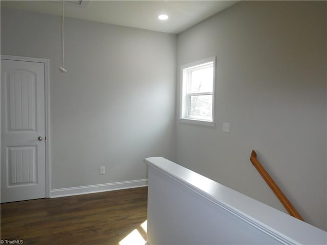 4391 Old Town Dr, Winston-Salem, NC 27106 - hall with baseboards, dark wood finished floors, attic access, an upstairs landing, and recessed lighting