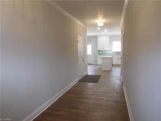 hall with a sink, dark wood-style floors, baseboards, and ornamental molding