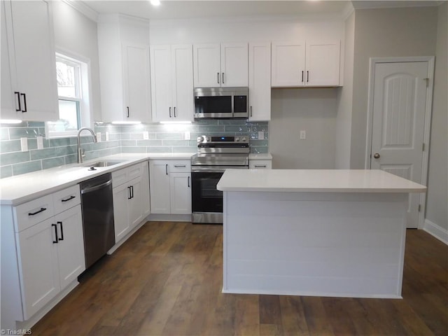 4391 Old Town Dr, Winston-Salem, NC 27106 - kitchen featuring a sink, white cabinets, dark wood-style flooring, and stainless steel appliances