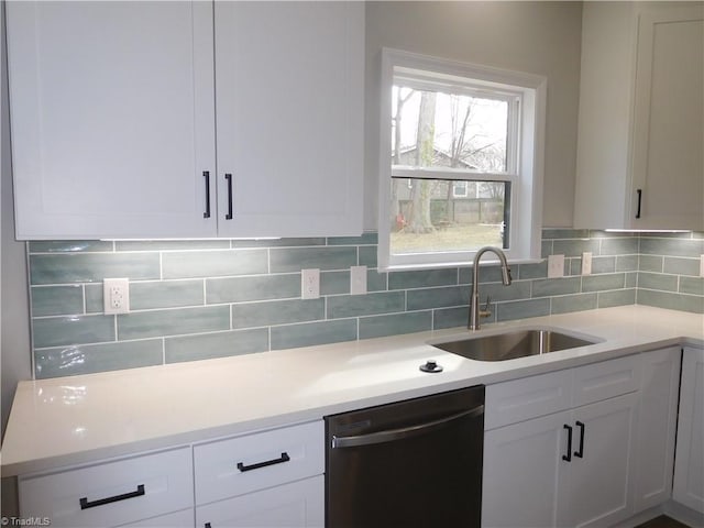 4391 Old Town Dr, Winston-Salem, NC 27106 - kitchen featuring a sink, white cabinetry, light countertops, decorative backsplash, and dishwasher
