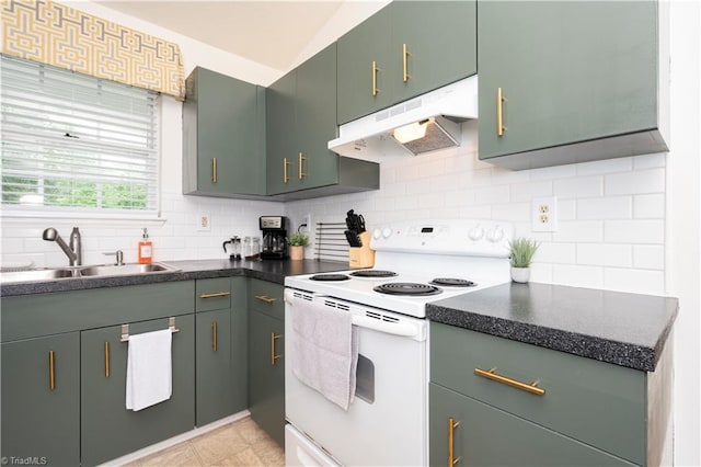 kitchen featuring sink, white electric range oven, backsplash, and green cabinetry