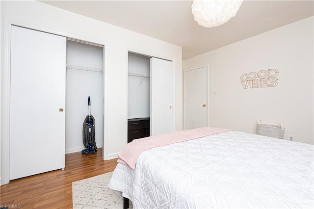 bedroom featuring multiple closets and wood-type flooring