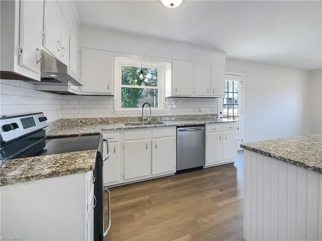 kitchen with tasteful backsplash, dark wood finished floors, appliances with stainless steel finishes, under cabinet range hood, and a sink