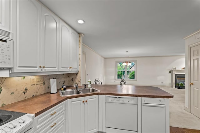 440 Marshall View Ct, Winston-Salem, NC 27101 - kitchen featuring white appliances, a peninsula, open floor plan, tasteful backsplash, and white cabinets