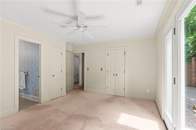 440 Marshall View Ct, Winston-Salem, NC 27101 - unfurnished bedroom with access to exterior, carpet, ornamental molding, ensuite bath, and a ceiling fan