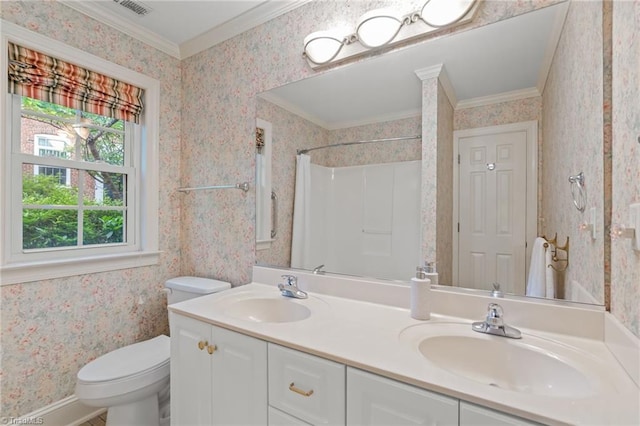 440 Marshall View Ct, Winston-Salem, NC 27101 - full bathroom featuring crown molding, double vanity, curtained shower, and wallpapered walls