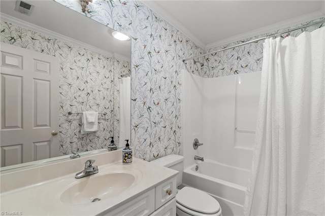 440 Marshall View Ct, Winston-Salem, NC 27101 - bathroom with wallpapered walls, ornamental molding, vanity, and shower / bath combo