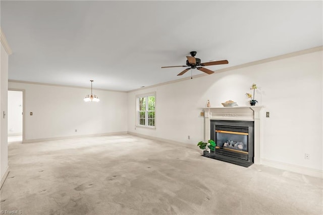 440 Marshall View Ct, Winston-Salem, NC 27101 - unfurnished living room with ornamental molding, a fireplace with flush hearth, carpet, ceiling fan, and a chandelier