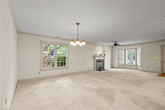 440 Marshall View Ct, Winston-Salem, NC 27101 - unfurnished living room featuring ornamental molding, carpet flooring, a fireplace with flush hearth, ceiling fan, and a chandelier