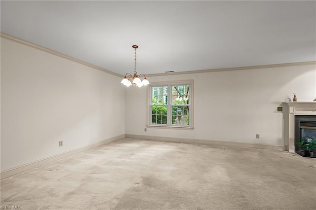 440 Marshall View Ct, Winston-Salem, NC 27101 - unfurnished living room with crown molding, carpet floors, a glass covered fireplace, and a chandelier