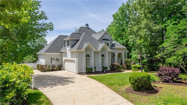 french country home with concrete driveway, roof with shingles, stucco siding, a garage, and a chimney
