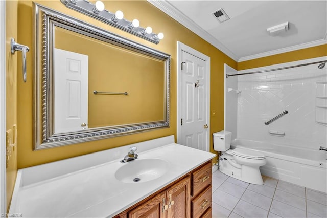 bathroom with crown molding, tile patterned flooring, toilet, vanity, and bathing tub / shower combination