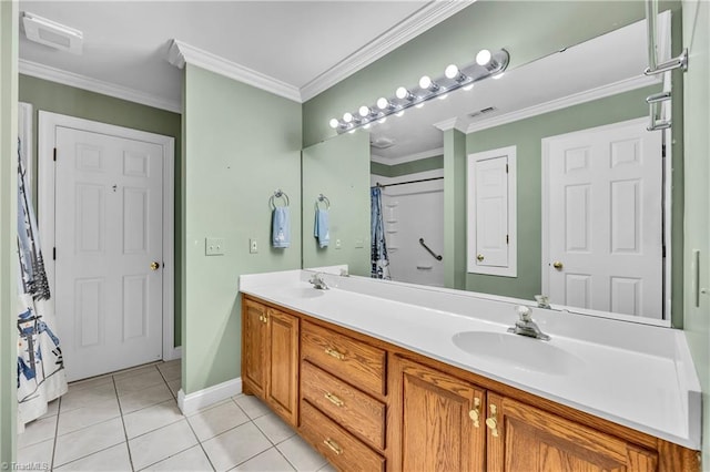 full bath featuring tile patterned floors, double vanity, baseboards, ornamental molding, and curtained shower