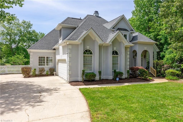 view of front of home with roof with shingles, concrete driveway, a garage, and stucco siding