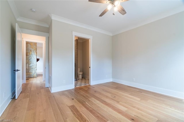 unfurnished bedroom featuring ceiling fan, light hardwood / wood-style flooring, connected bathroom, and ornamental molding