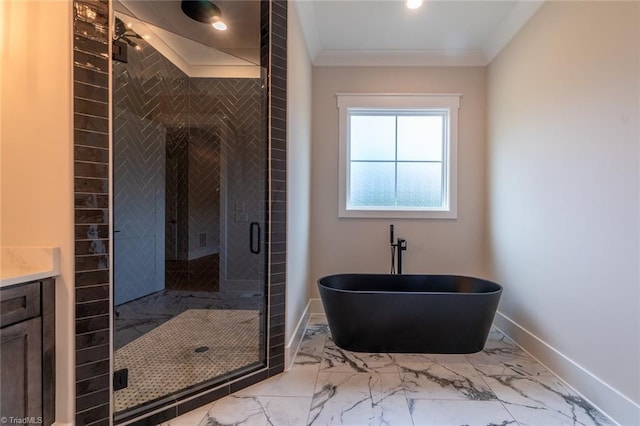 bathroom featuring independent shower and bath, vanity, and crown molding