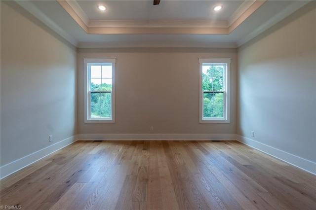 spare room with light wood-type flooring, crown molding, and a tray ceiling