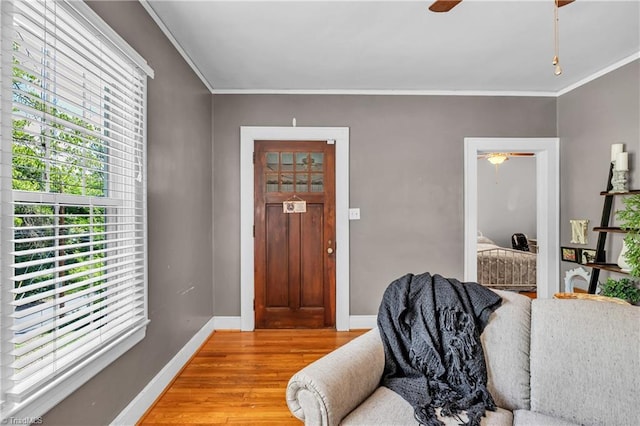 foyer entrance featuring a ceiling fan, light wood-type flooring, ornamental molding, and baseboards