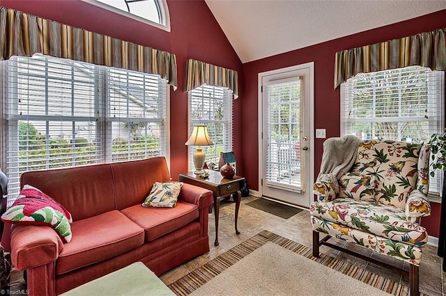 living room featuring high vaulted ceiling