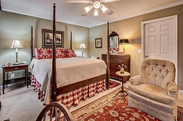 carpeted bedroom featuring a textured ceiling, crown molding, and ceiling fan